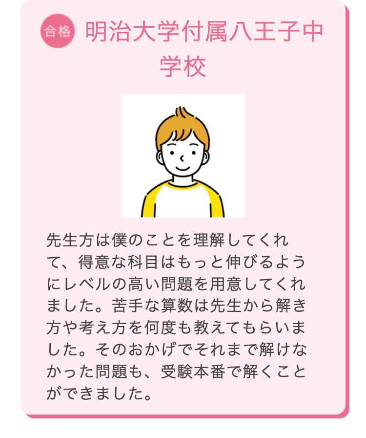合格 明治大学付属八王子中
学校
先生方は僕のことを理解してくれ
て、得意な科目はもっと伸びるよう
にレベルの高い問題を用意してくれ
ました。 苦手な算数は先生から解き
方や考え方を何度も教えてもらいま
した。 そのおかげでそれまで解けな
かった問題も、受験本番で解くこと
ができました。