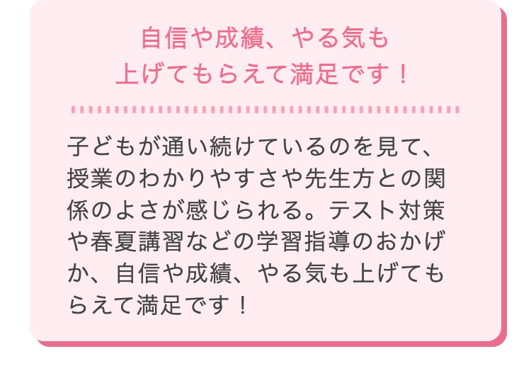 自信や成績、 やる気も
上げてもらえて満足です!
子どもが通い続けているのを見て、
授業のわかりやすさや先生方との関
係のよさが感じられる。 テスト対策
や春夏講習などの学習指導のおかげ
か、自信や成績、 やる気も上げても
らえて満足です!