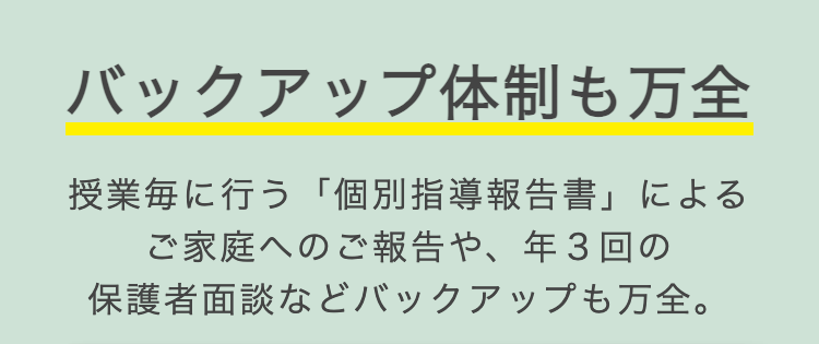 バックアップ体制も万全
授業毎に行う 「個別指導報告書」による
ご家庭へのご報告や、 年3回の
保護者面談などバックアップも万全。