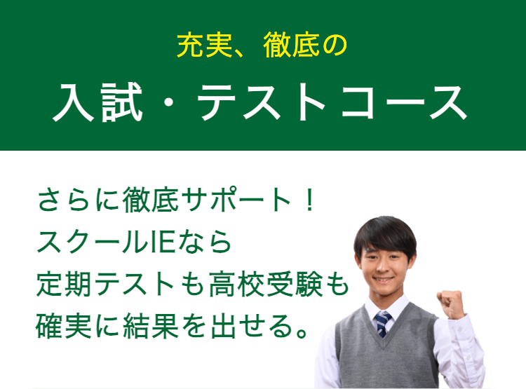 充実、 徹底の
入試・テストコース
さらに徹底サポート!
スクールIEなら
定期テストも高校受験も
確実に結果を出せる。