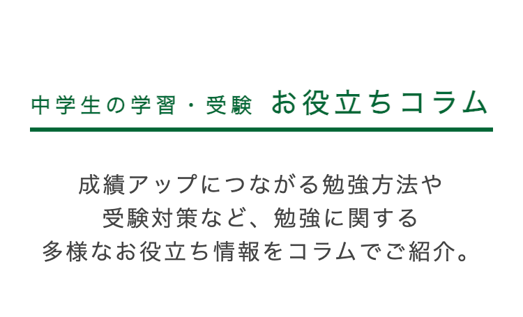 中学生の学習・受験 お役立ちコラム
成績アップにつながる勉強方法や
受験対策など、 勉強に関する
多様なお役立ち情報をコラムでご紹介。