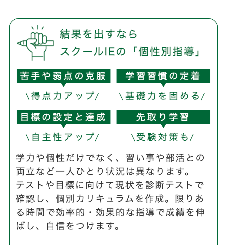 結果を出すなら
スクールIEの「個性別指導」
苦手や弱点の克服 学習習慣の定着
\得点力アップ/
\ 基礎力を固める/
目標の設定と達成
先取り学習
自主性アップ/
\受験対策も/
学力や個性だけでなく、習い事や部活との
両立など一人ひとり状況は異なります。
テストや目標に向けて現状を診断テストで
確認し、個別カリキュラムを作成。限りあ
る時間で効率的・効果的な指導で成績を伸
ばし、 自信をつけます。