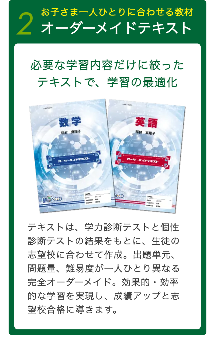 お子さま一人ひとりに合わせる教材
2 オーダーメイドテキスト
必要な学習内容だけに絞った
テキストで、 学習の最適化
数学
英語
福村 真理子
稲村 真理子
オーダーメイドデキスト
オーダーメイドデキスト
DATA
夢 SEED
INITRE
SEED
2
テキストは、学力診断テストと個性
診断テストの結果をもとに、 生徒の
志望校に合わせて作成。 出題単元、
問題量、難易度が一人ひとり異なる
完全オーダーメイド。 効果的・効率
的な学習を実現し、 成績アップと志
望校合格に導きます。