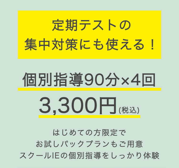 定期テストの
集中対策にも使える!
個別指導90分×4回
3,300円 (税込)
はじめての方限定で
お試しパックプランもご用意
スクールIEの個別指導をしっかり体験
