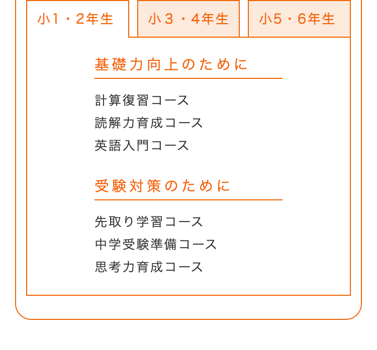 小1・2年生 小3・4年生
小5・6年生
基礎力向上のために
計算復習コース
読解力育成コース
英語入門コース
受験対策のために
先取り学習コース
中学受験準備コース
思考力育成コース