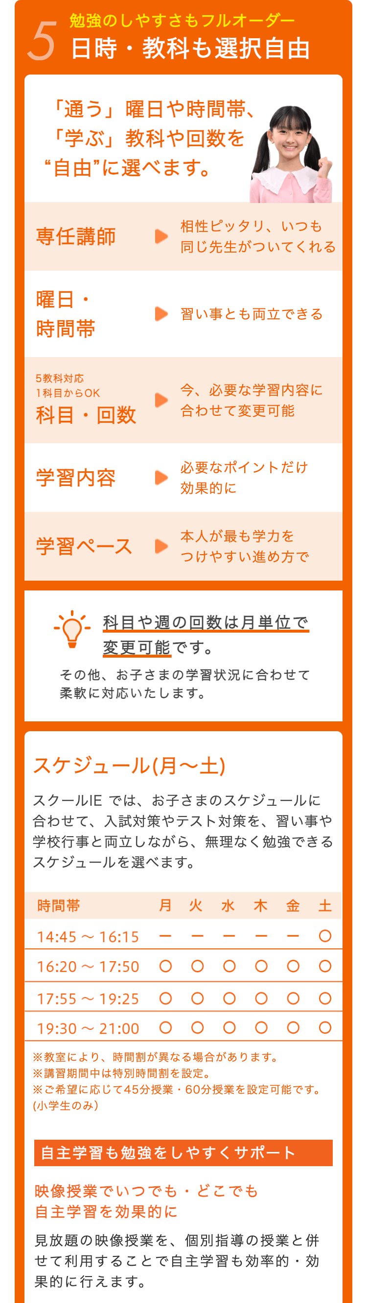 勉強のしやすさもフルオーダー
5 日時・教科も選択自由
「通う」 曜日や時間帯、
「学ぶ」 教科や回数を
“自由”に選べます。
相性ピッタリ、いつも
専任講師
同じ先生がついてくれる
曜日・
習い事とも両立できる
時間帶
5教科対応
1科目からOK
今、必要な学習内容に
科目・回数
合わせて変更可能
必要なポイントだけ
学習内容
効果的に
学習ペース
本人が最も学力を
つけやすい進め方で
科目や週の回数は月単位で
変更可能です。
その他、お子さまの学習状況に合わせて
柔軟に対応いたします。
スケジュール (月~土)
スクールIE では、お子さまのスケジュールに
合わせて、 入試対策やテスト対策を、習い事や
学校行事と両立しながら、 無理なく勉強できる
スケジュールを選べます。
時間帯
月火水木金土
~
14:45 16:15
-
~
16:20 17:50
|
17:55 19:25
~
19:30 21:00
※教室により、 時間割が異なる場合があります。
※講習期間中は特別時間割を設定。
※ご希望に応じて45分授業・60分授業を設定可能です。
(小学生のみ)
自主学習も勉強をしやすくサポート
映像授業でいつでもどこでも
自主学習を効果的に
見放題の映像授業を、 個別指導の授業と併
せて利用することで自主学習も効率的・効
果的に行えます。
〇〇
〇〇
