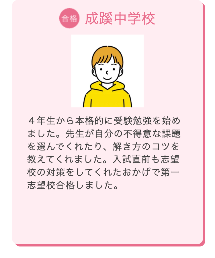 合格 成蹊中学校
4年生から本格的に受験勉強を始め
ました。先生が自分の不得意な課題
を選んでくれたり、 解き方のコツを
教えてくれました。 入試直前も志望
校の対策をしてくれたおかげで第一
志望校合格しました。