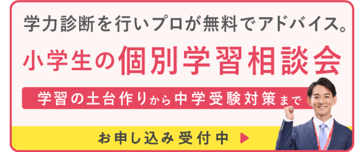 学力診断を行いプロが無料でアドバイス。
小学生の個別学習相談会
学習の土台作りから中学受験対策まで
お申し込み受付中