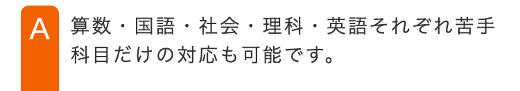 A 算数・国語・社会・理科・英語それぞれ苦手
科目だけの対応も可能です。