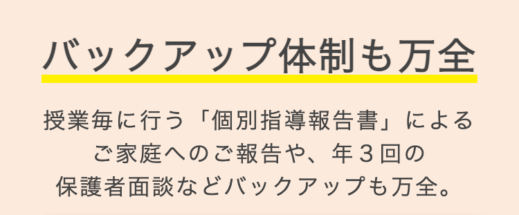 バックアップ体制も万全
授業毎に行う 「個別指導報告書」による
ご家庭へのご報告や、 年3回の
保護者面談などバックアップも万全。