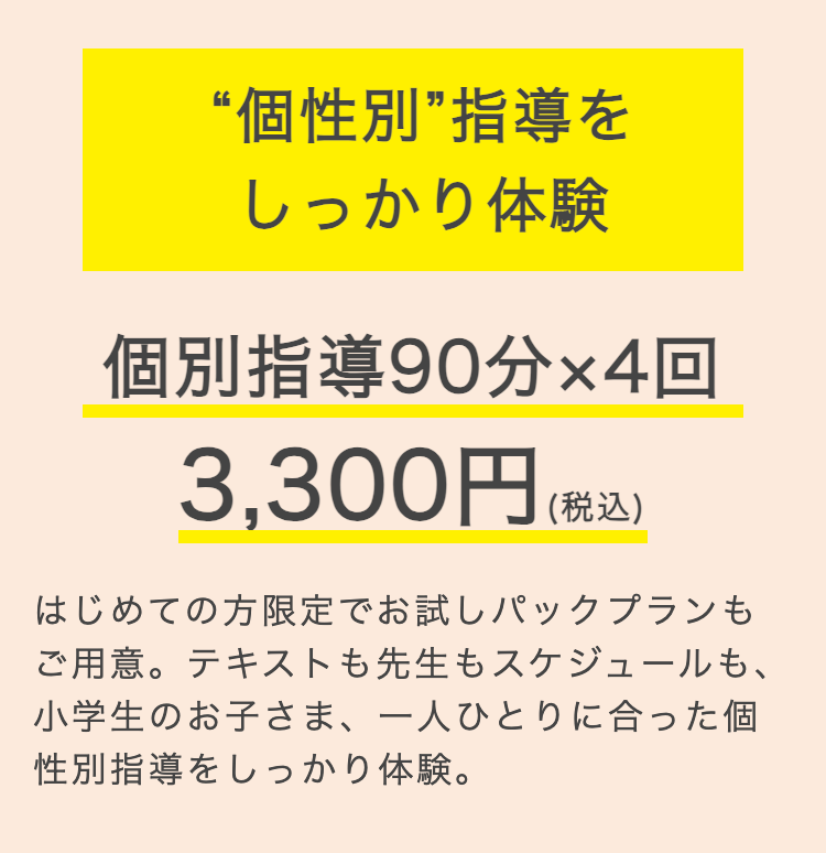 “個性別”指導を
しっかり体験
個別指導90分×4回
3,300円 (税込)
はじめての方限定でお試しパックプランも
ご用意。テキストも先生もスケジュールも、
小学生のお子さま、一人ひとりに合った個
性別指導をしっかり体験。
