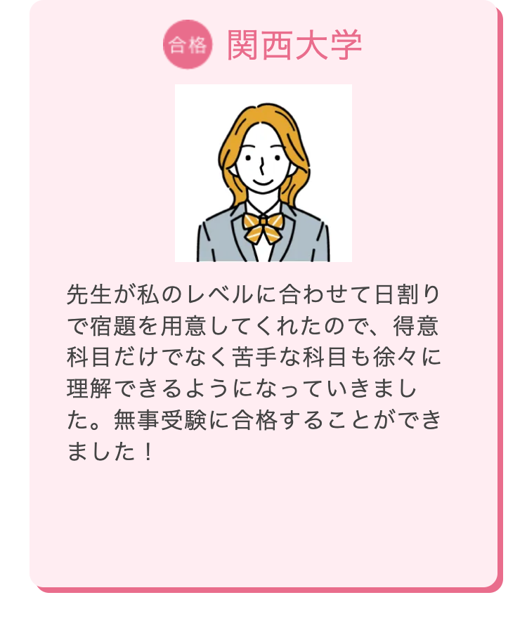 合格 関西大学
先生が私のレベルに合わせて日割り
で宿題を用意してくれたので、得意
科目だけでなく苦手な科目も徐々に
理解できるようになっていきまし
た。無事受験に合格することができ
ました!