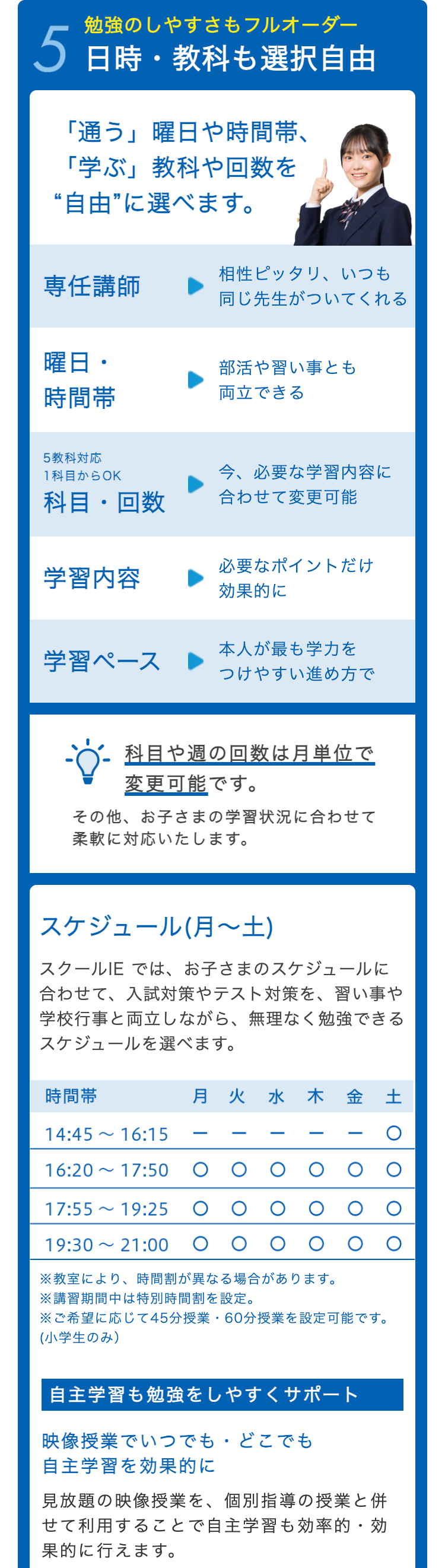 勉強のしやすさもフルオーダー
5 日時・教科も選択自由
「通う」 曜日や時間帯、
「学ぶ」 教科や回数を
“自由”に選べます。
相性ピッタリ、いつも
専任講師
同じ先生がついてくれる
曜日・
部活や習い事とも
時間帶
両立できる
5教科対応
1科目からOK
今、必要な学習内容に
科目回数
合わせて変更可能
必要なポイントだけ
学習内容
効果的に
学習ペース
本人が最も学力を
つけやすい進め方で
科目や週の回数は月単位で
変更可能です。
その他、お子さまの学習状況に合わせて
柔軟に対応いたします。
スケジュール (月~土)
スクールIE では、お子さまのスケジュールに
合わせて、 入試対策やテスト対策を、習い事や
学校行事と両立しながら、 無理なく勉強できる
スケジュールを選べます。
時間帶
土〇
I
月火水木金土
~
14:45 16:15
~
16:20 17:50
17:55 19:25
~
19:30 21:00
※教室により、 時間割が異なる場合があります。
※講習期間中は特別時間割を設定。
※ご希望に応じて45分授業・60分授業を設定可能です。
(小学生のみ)
自主学習も勉強をしやすくサポート
映像授業でいつでもどこでも
自主学習を効果的に
見放題の映像授業を、個別指導の授業と併
せて利用することで自主学習も効率的・効
果的に行えます。
〇〇