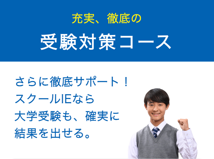充実、 徹底の
受験対策コース
さらに徹底サポート!
スクールIEなら
大学受験も、確実に
結果を出せる。