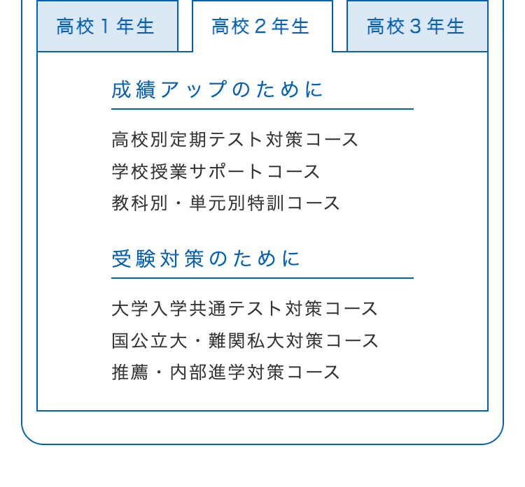 高校1年生
高校2年生
高校3年生
成績アップのために
高校別定期テスト対策コース
学校授業サポートコース
教科別・単元別特訓コース
受験対策のために
大学入学共通テスト対策コース
国公立大・難関私大対策コース
推薦・内部進学対策コース