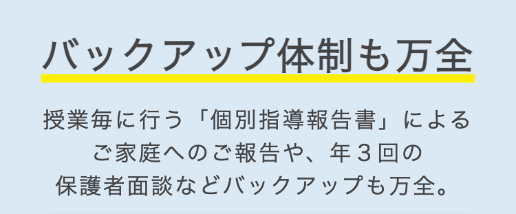 バックアップ体制も万全
授業毎に行う 「個別指導報告書」による
ご家庭へのご報告や、 年3回の
保護者面談などバックアップも万全。