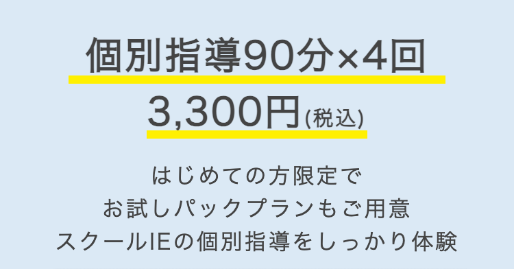 個別指導90分×4回
3,300円 (税込)
はじめての方限定で
お試しパックプランもご用意
スクールIEの個別指導をしっかり体験