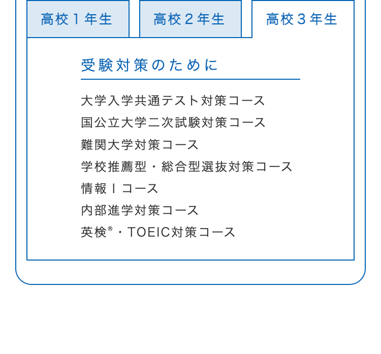 高校1年生
高校2年生
高校3年生
受験対策のために
大学入学共通テスト対策コース
国公立大学二次試験対策コース
難関大学対策コース
学校推薦型・総合型選抜対策コース
情報コース
内部進学対策コース
英検® TOEIC対策コース